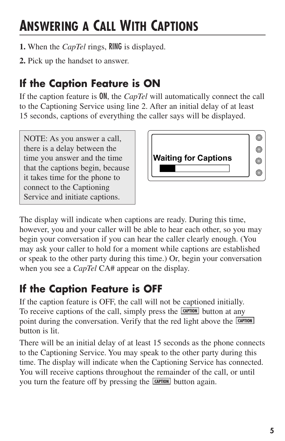 Nswering a, Aptions | Ultratec CapTel User Manual | Page 7 / 12