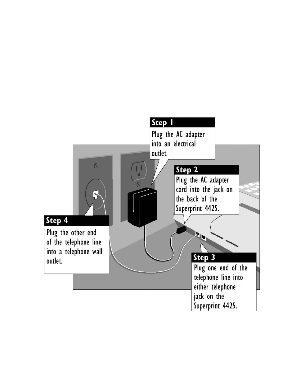 Plugging in power and a telephone line | Ultratec 4425 User Manual | Page 12 / 96