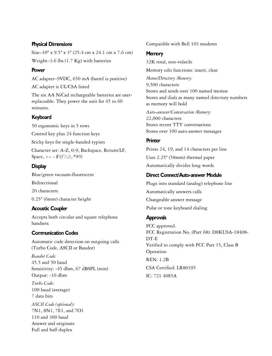 Specifications, Specifications • 85 | Ultratec 4425 User Manual | Page 87 / 96