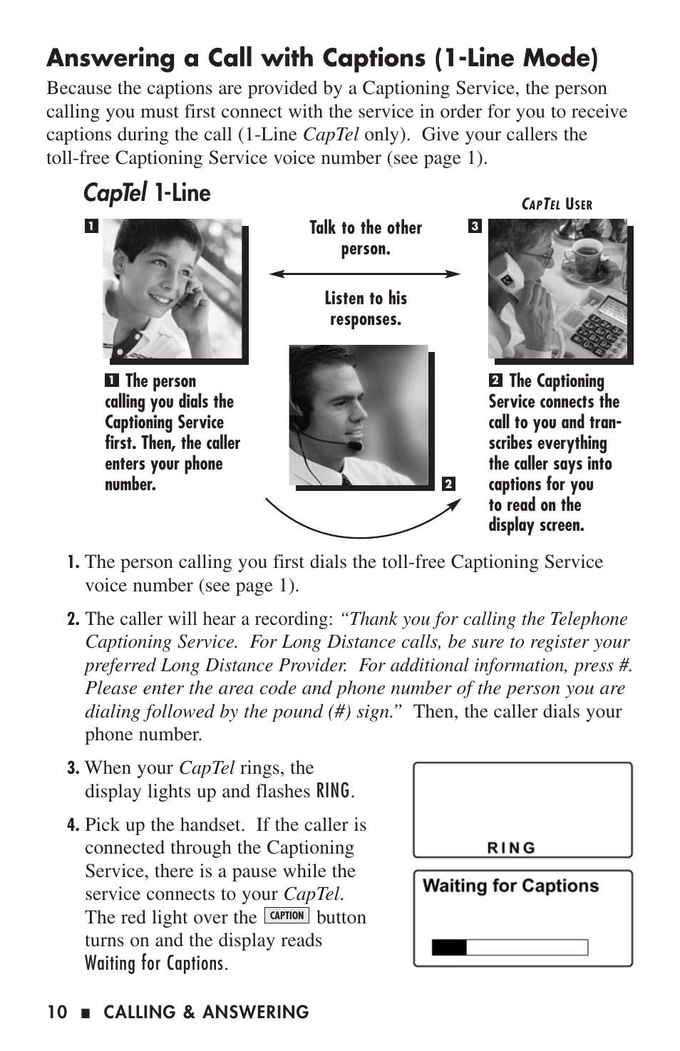 Captel, Answering a call with captions (1-line mode), Line | Ultratec CAPTEL 200 User Manual | Page 12 / 54