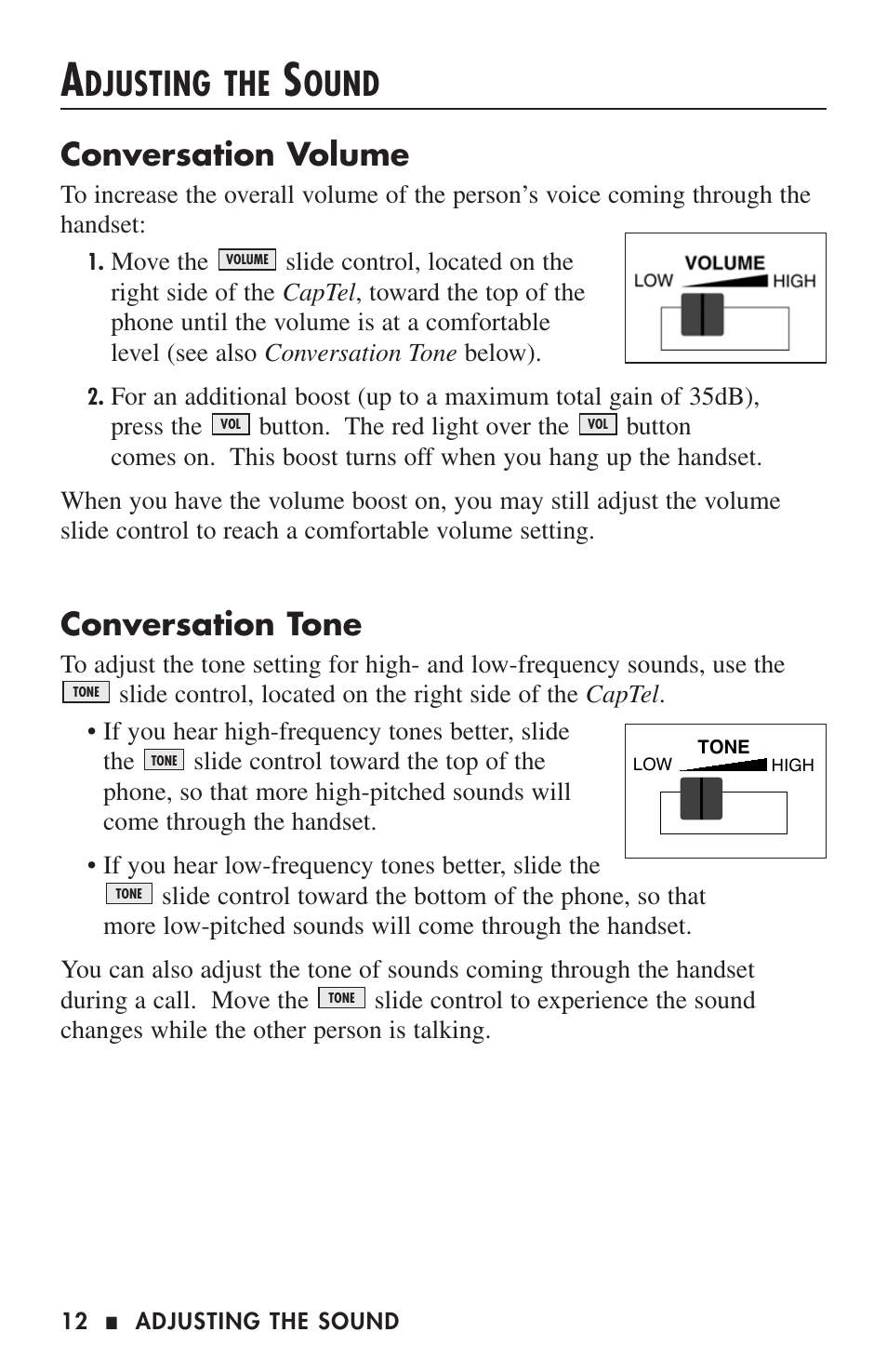 Djusting the, Ound, Conversation volume | Conversation tone | Ultratec CAPTEL 200 User Manual | Page 14 / 54