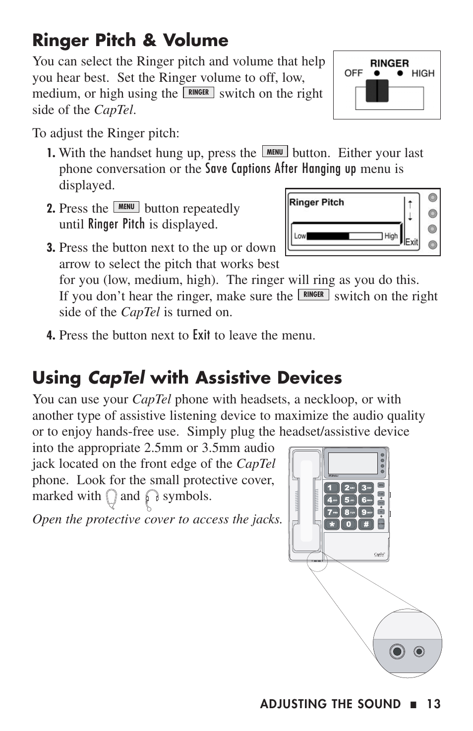 Captel, Ringer pitch & volume, Using | With assistive devices | Ultratec CAPTEL 200 User Manual | Page 15 / 54