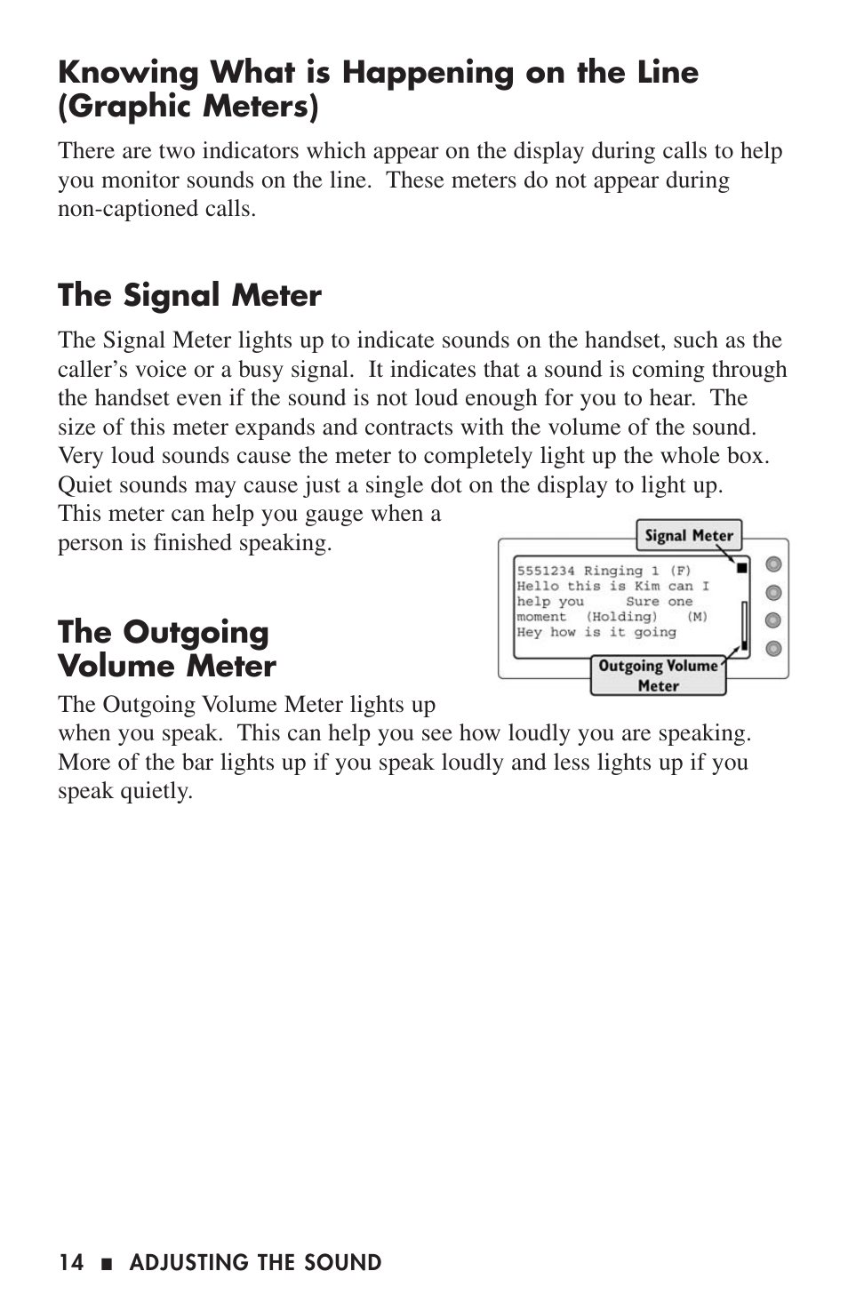 The signal meter, The outgoing volume meter | Ultratec CAPTEL 200 User Manual | Page 16 / 54