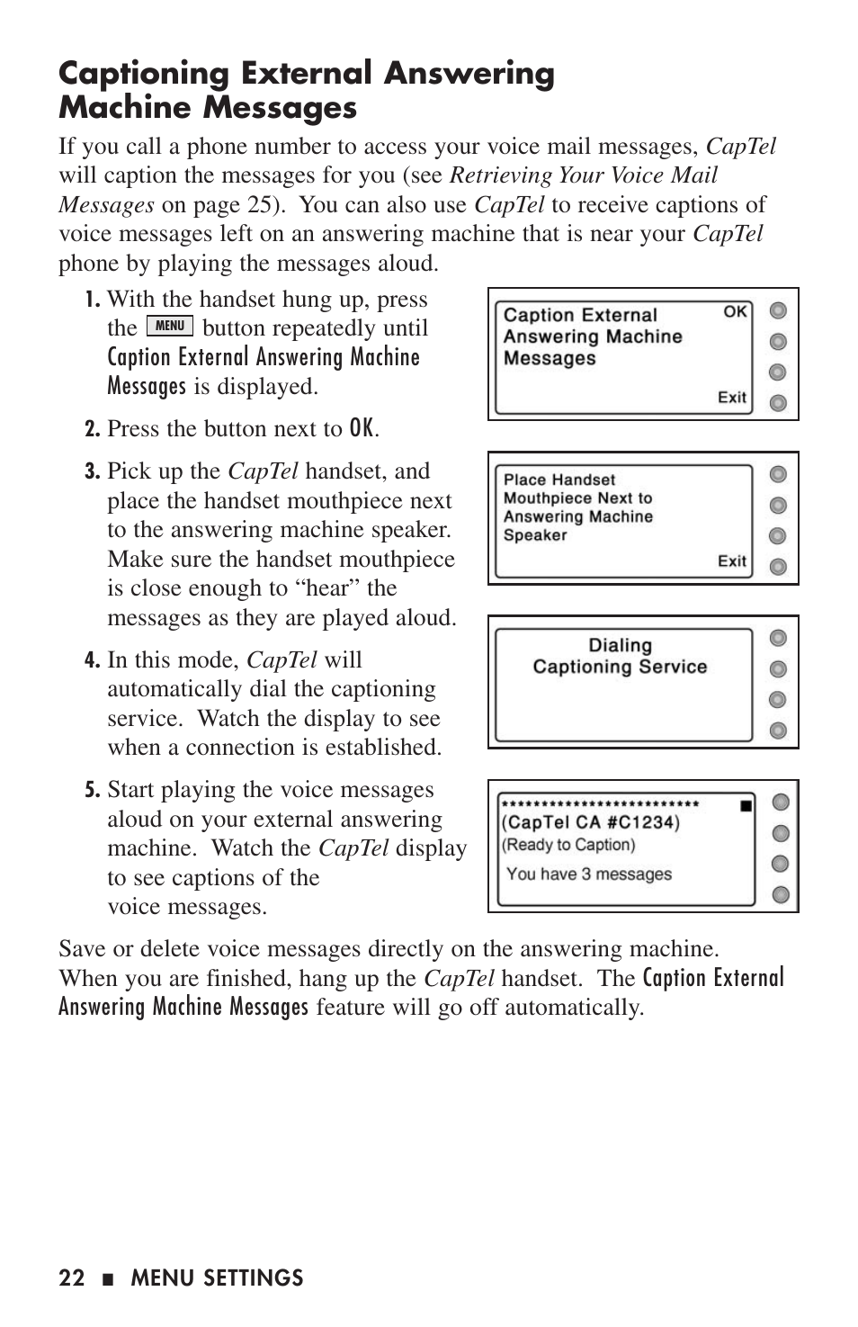 Captioning external answering machine messages | Ultratec CAPTEL 200 User Manual | Page 24 / 54
