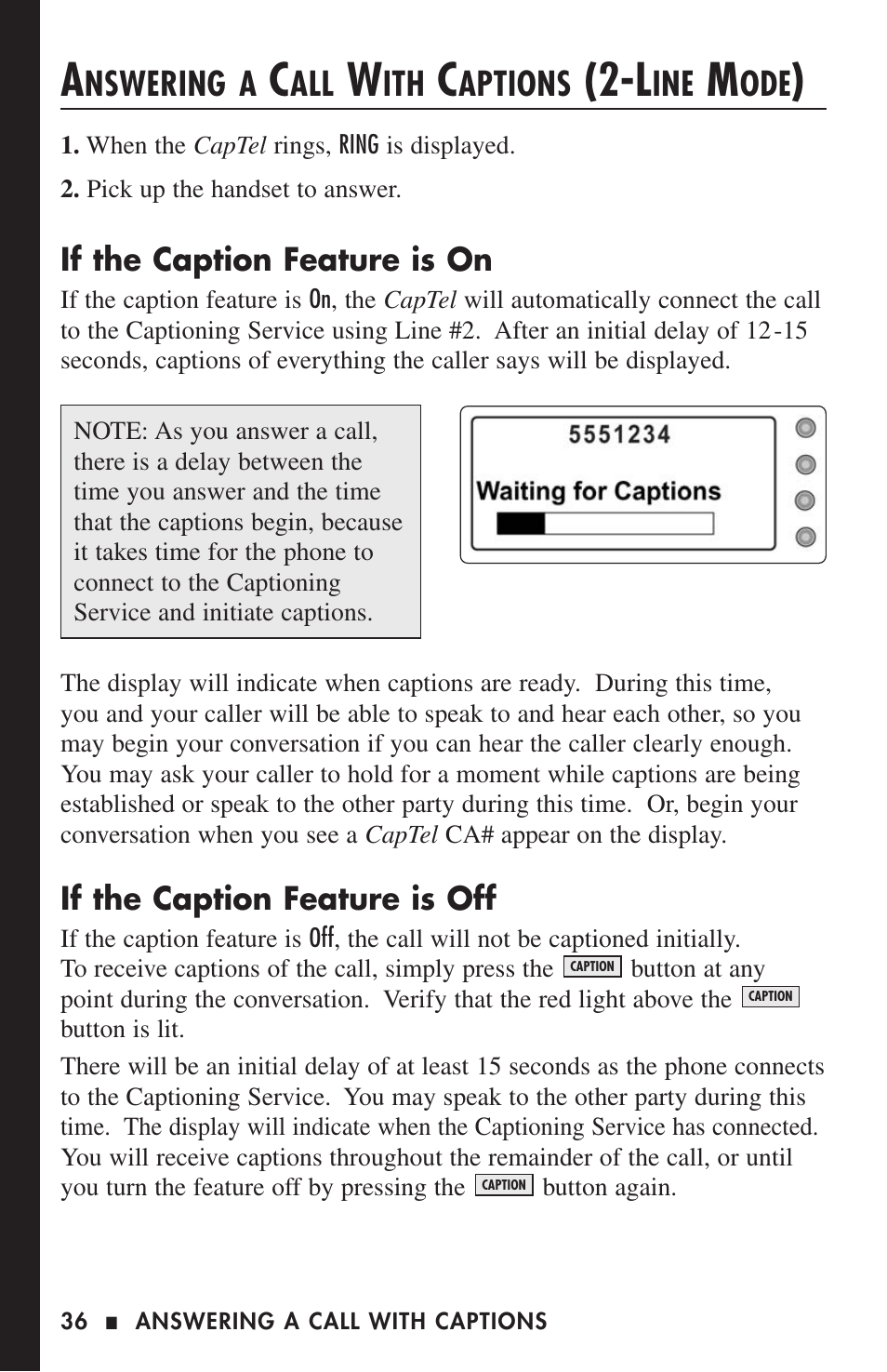 Nswering a, Aptions | Ultratec CAPTEL 200 User Manual | Page 38 / 54