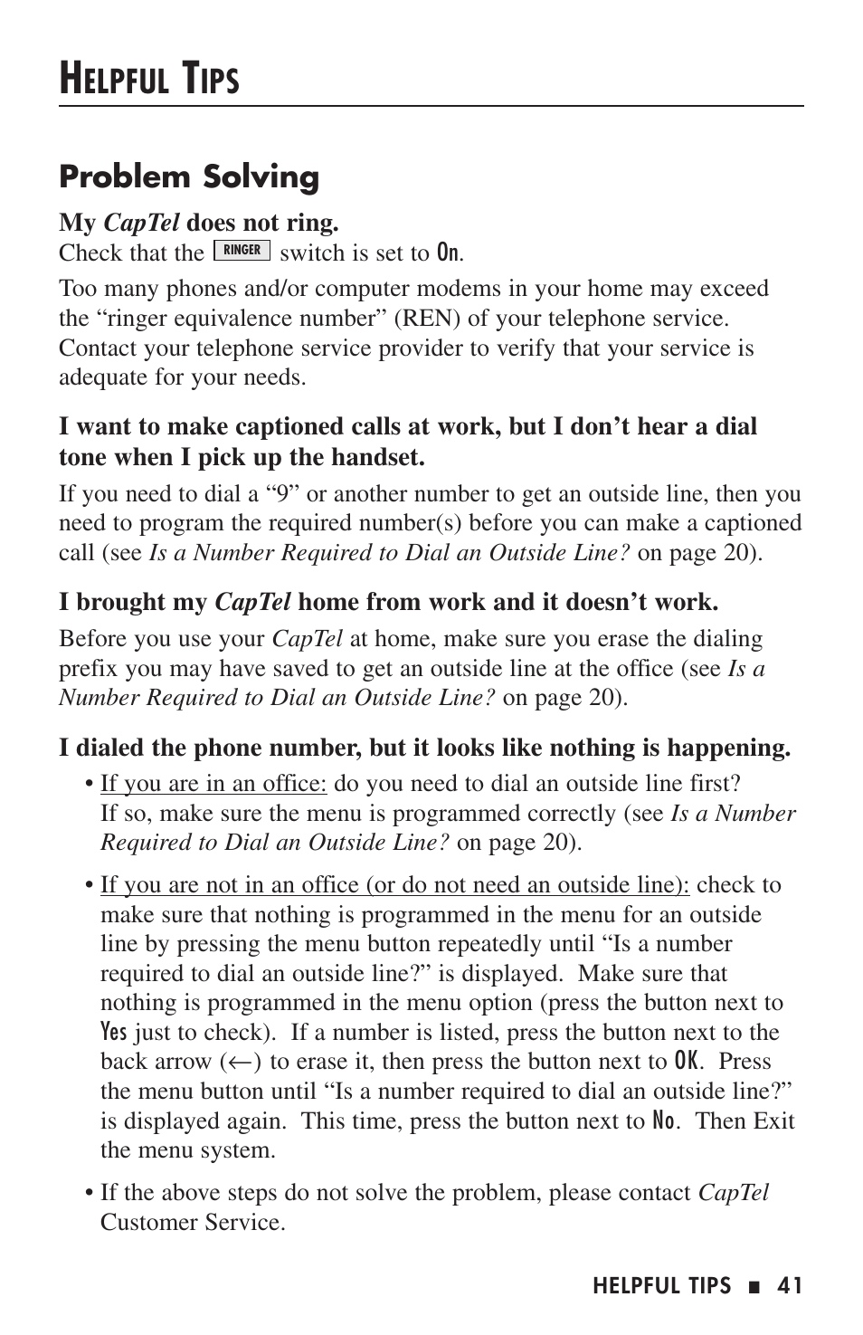 Elpful, Problem solving | Ultratec CAPTEL 200 User Manual | Page 43 / 54