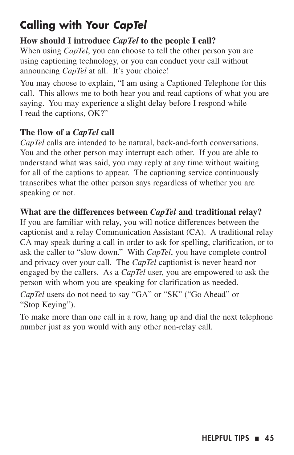 Captel, Calling with your | Ultratec CAPTEL 200 User Manual | Page 47 / 54