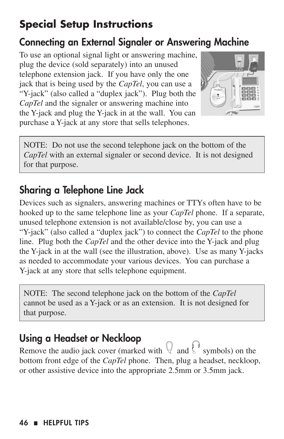Sharing a telephone line jack, Using a headset or neckloop | Ultratec CAPTEL 200 User Manual | Page 48 / 54