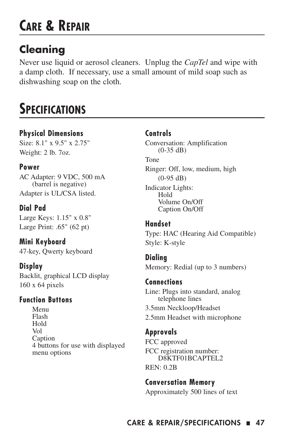 Epair, Pecifications, Cleaning | Ultratec CAPTEL 200 User Manual | Page 49 / 54