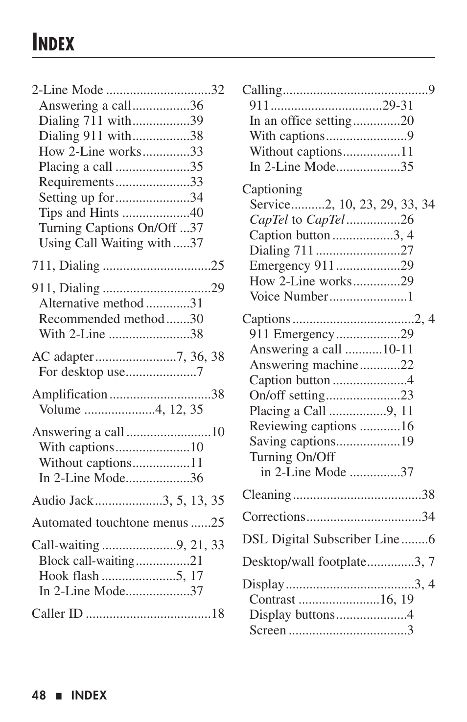 Ndex | Ultratec CAPTEL 200 User Manual | Page 50 / 54