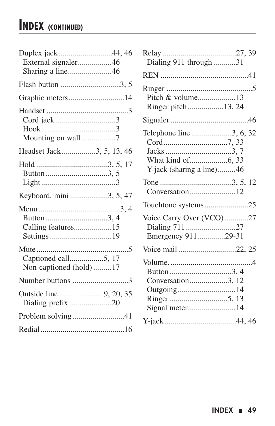 Ndex | Ultratec CAPTEL 200 User Manual | Page 51 / 54