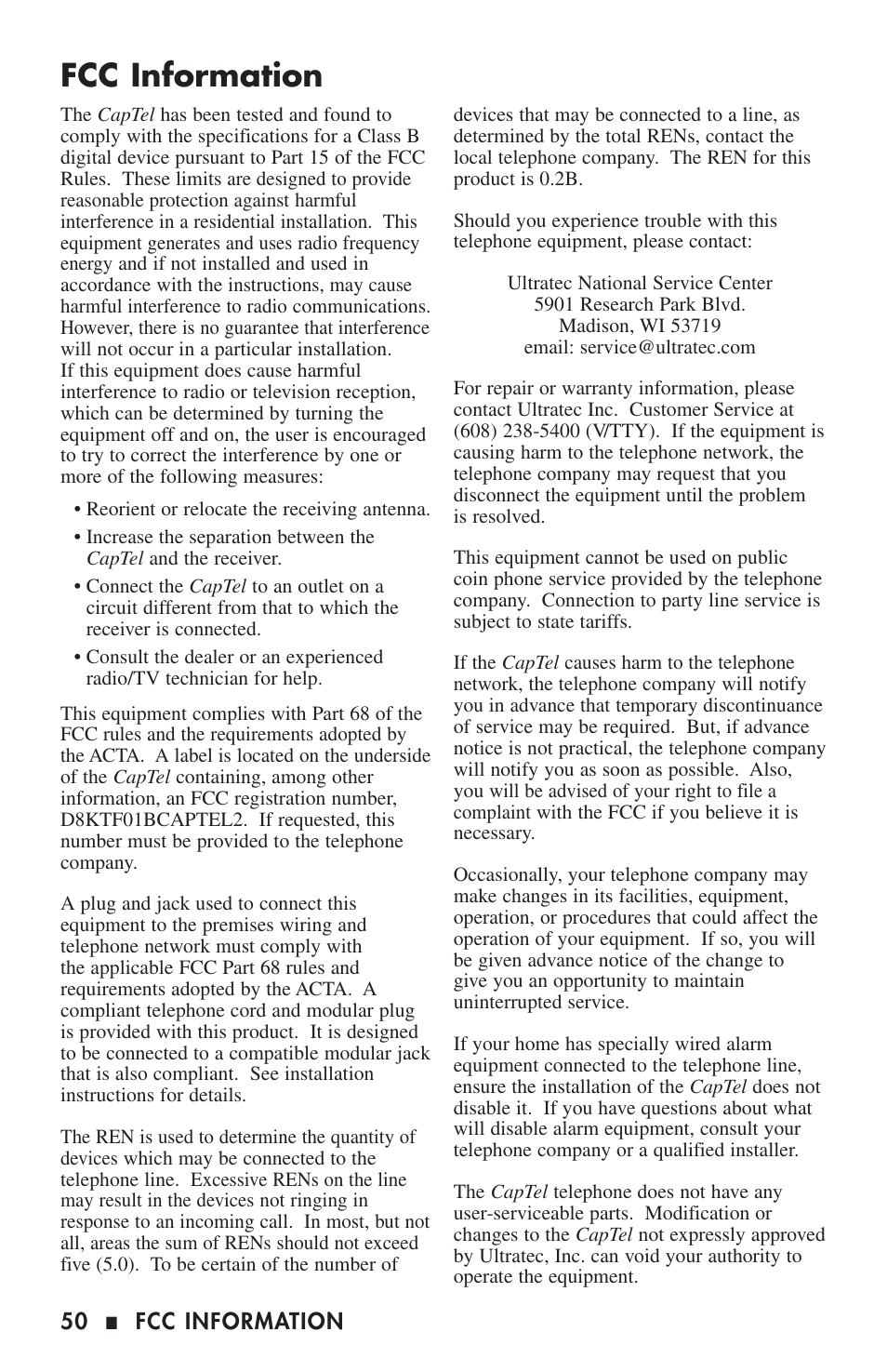 Fcc information | Ultratec CAPTEL 200 User Manual | Page 52 / 54