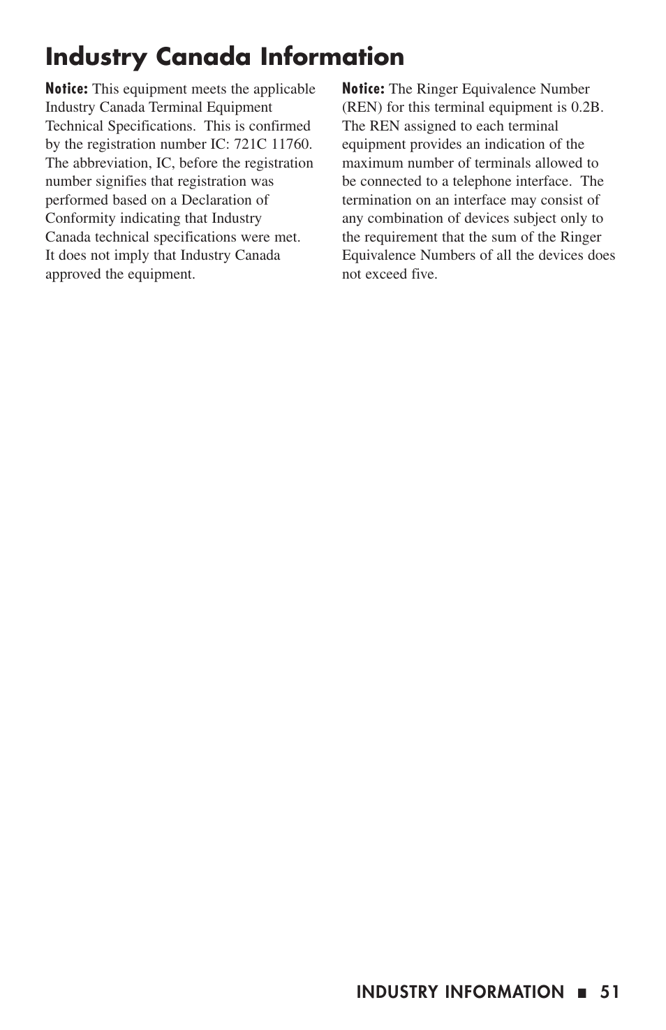 Industry canada information | Ultratec CAPTEL 200 User Manual | Page 53 / 54