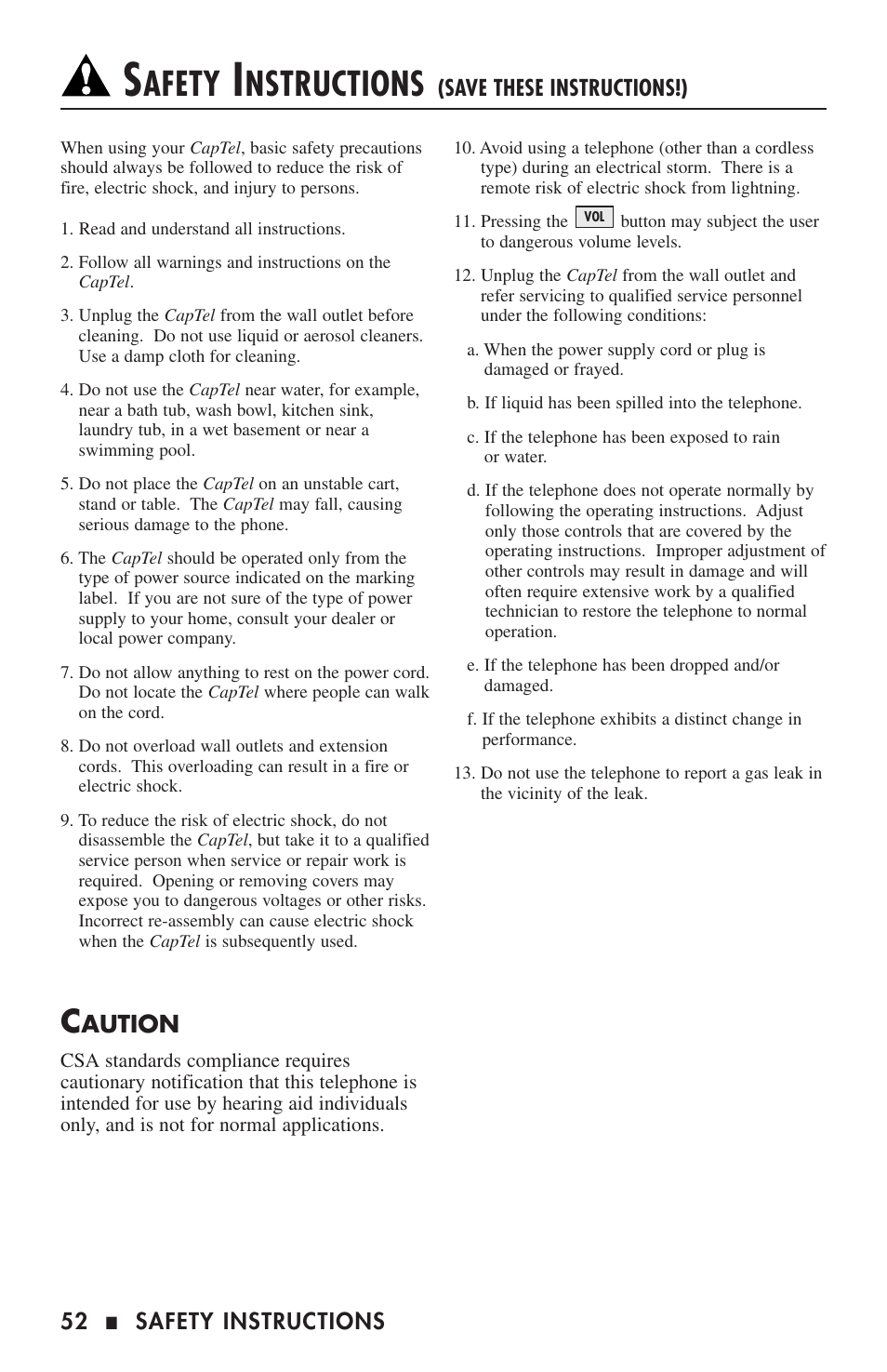 Afety, Nstructions, Aution | Ultratec CAPTEL 200 User Manual | Page 54 / 54