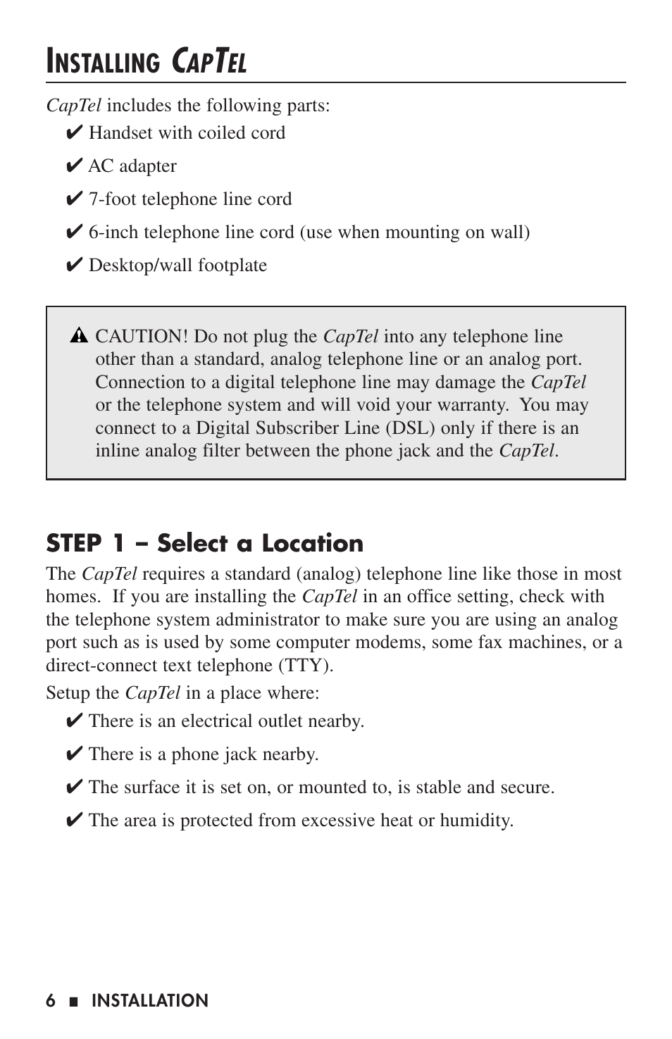 Nstalling | Ultratec CAPTEL 200 User Manual | Page 8 / 54
