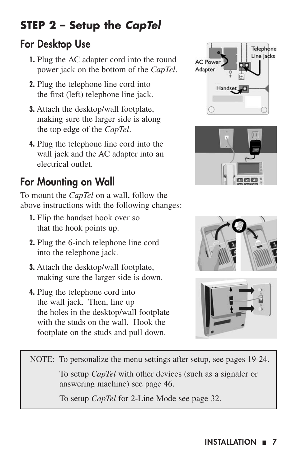 Captel, Step 2 – setup the, For desktop use | For mounting on wall | Ultratec CAPTEL 200 User Manual | Page 9 / 54