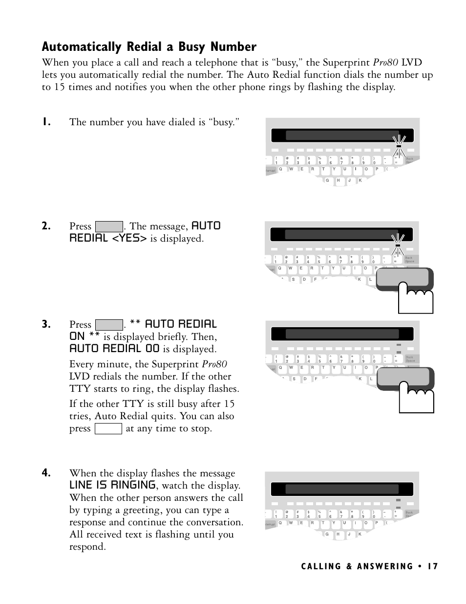 Automatically redial a busy number | Ultratec PRO80 User Manual | Page 23 / 82