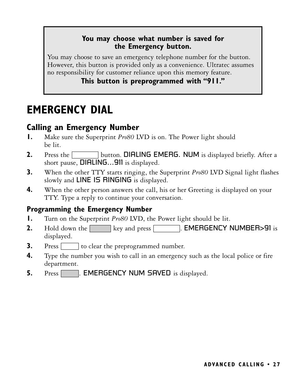 Emergency dial, Calling an emergency number | Ultratec PRO80 User Manual | Page 33 / 82