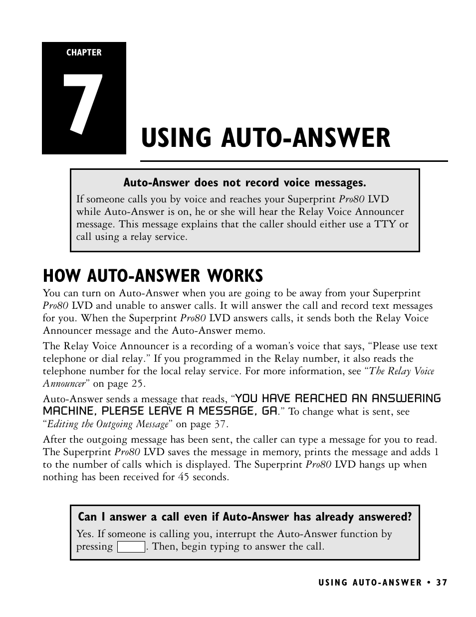 Using auto-answer | Ultratec PRO80 User Manual | Page 43 / 82