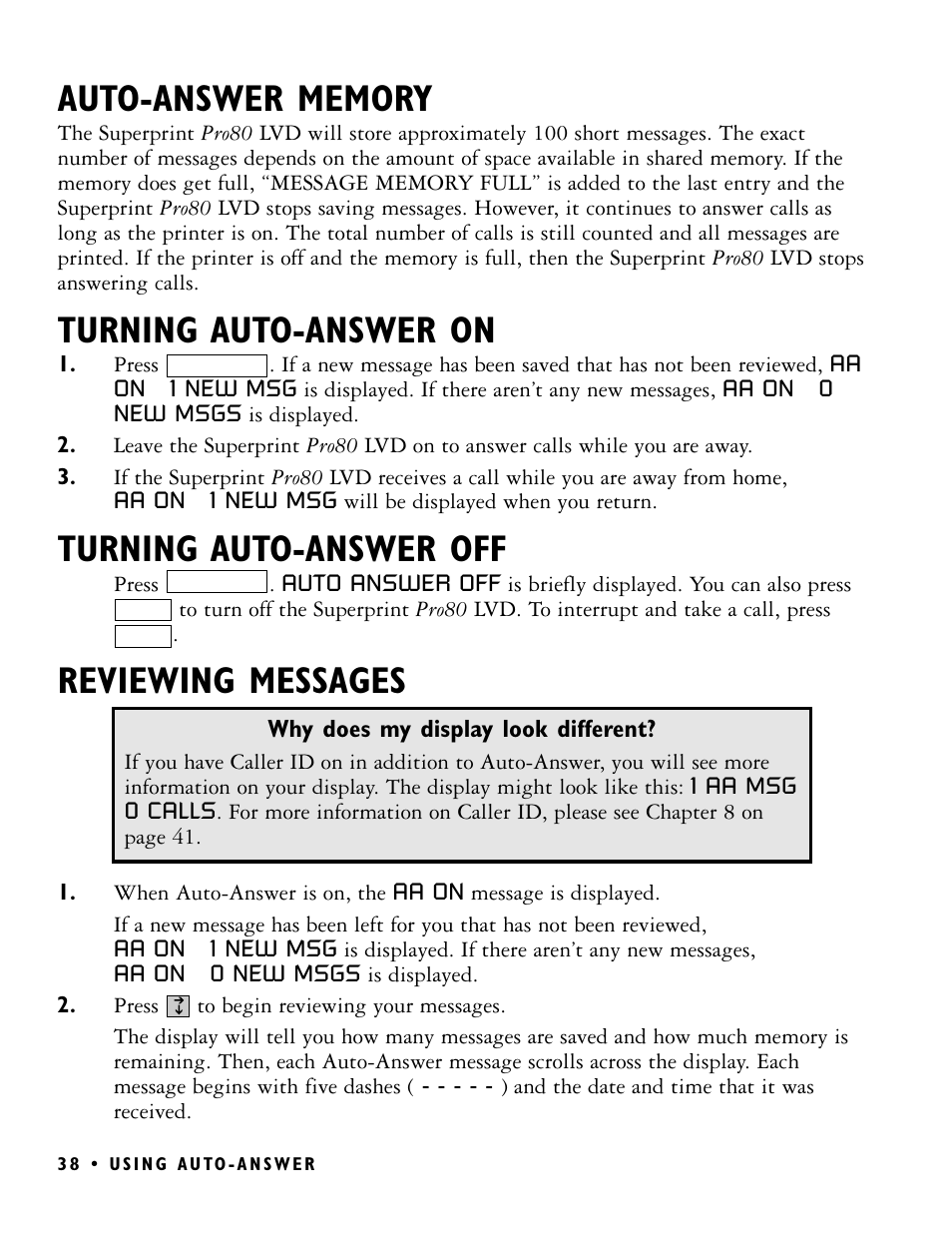 Turning auto-answer on, Turning auto-answer off, Reviewing messages | Ultratec PRO80 User Manual | Page 44 / 82