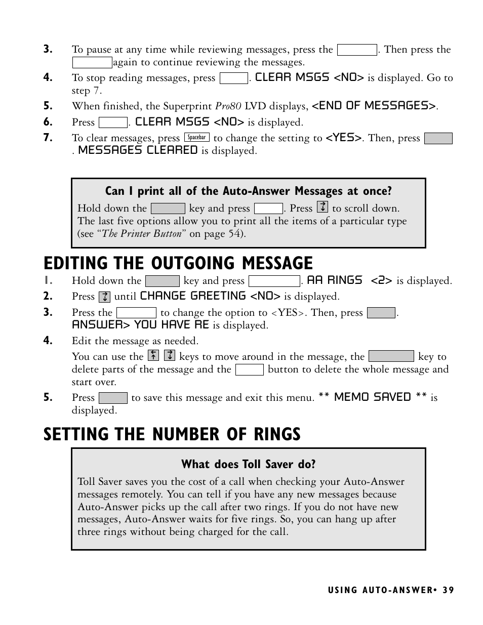 Editing the outgoing message, Setting the number of rings | Ultratec PRO80 User Manual | Page 45 / 82