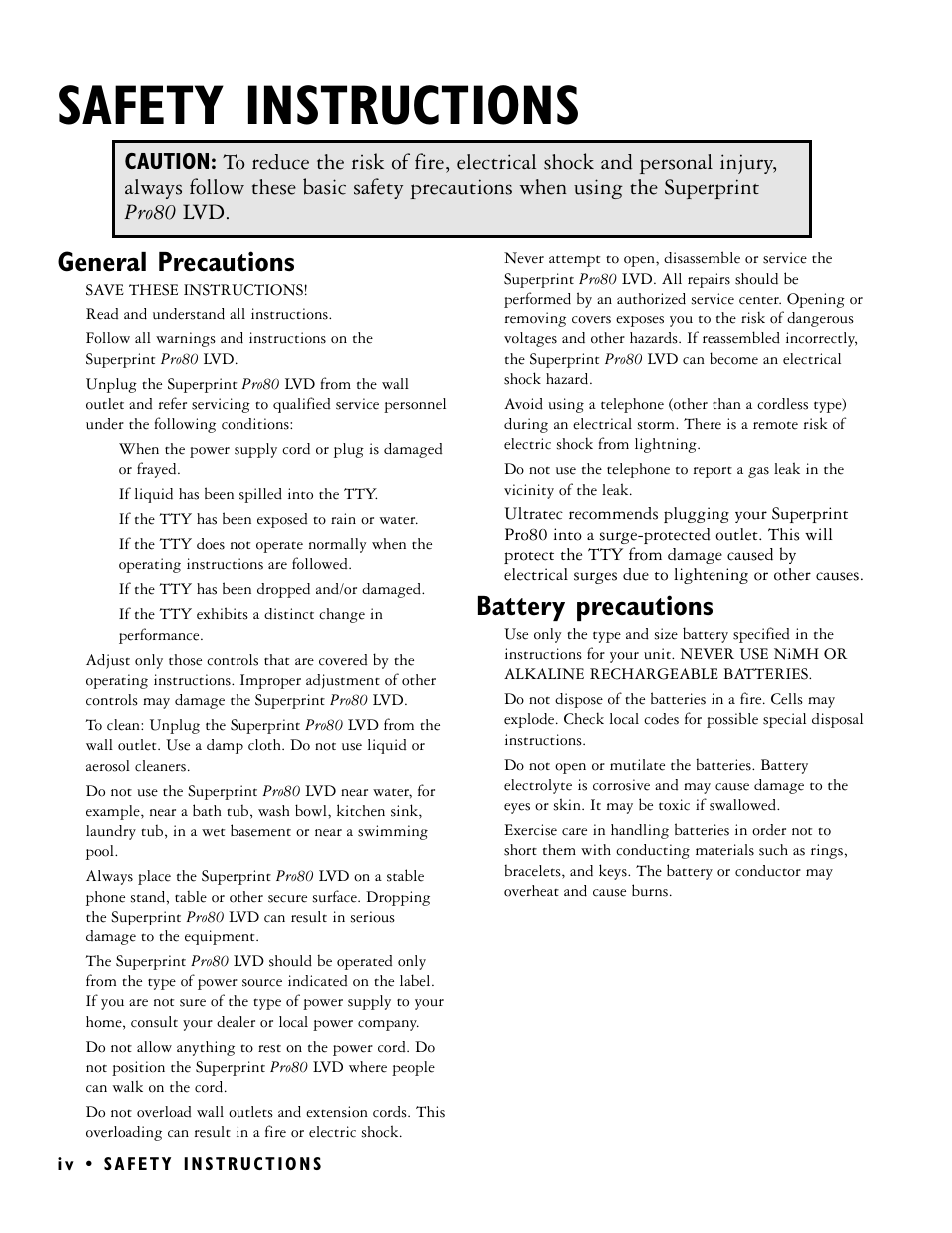 Safety instructions, General precautions, Battery precautions | Ultratec PRO80 User Manual | Page 6 / 82