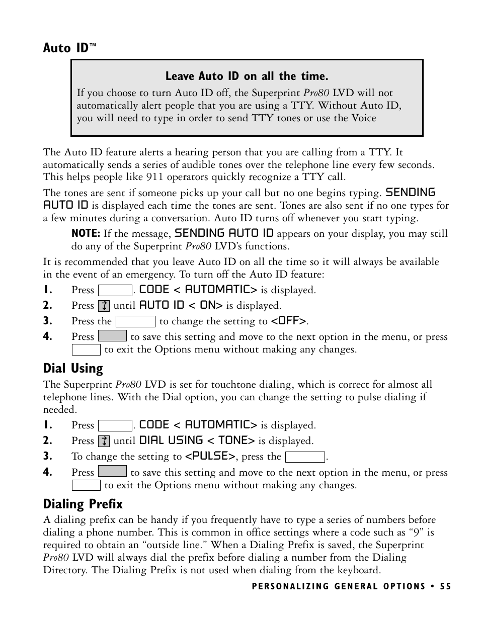 Auto id, Dial using, Dialing prefix | Ultratec PRO80 User Manual | Page 61 / 82