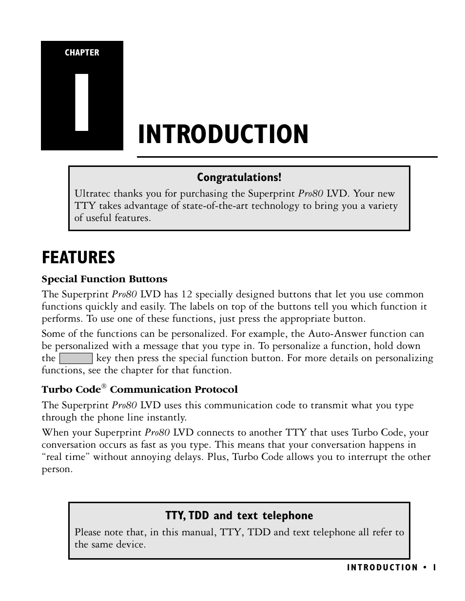 Introduction, Features | Ultratec PRO80 User Manual | Page 7 / 82