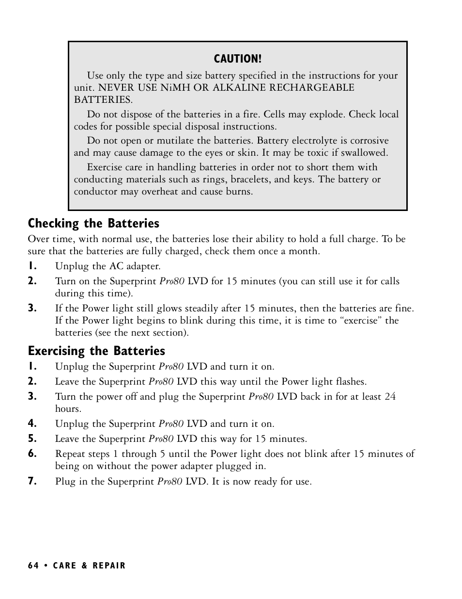 Checking the batteries, Exercising the batteries | Ultratec PRO80 User Manual | Page 70 / 82