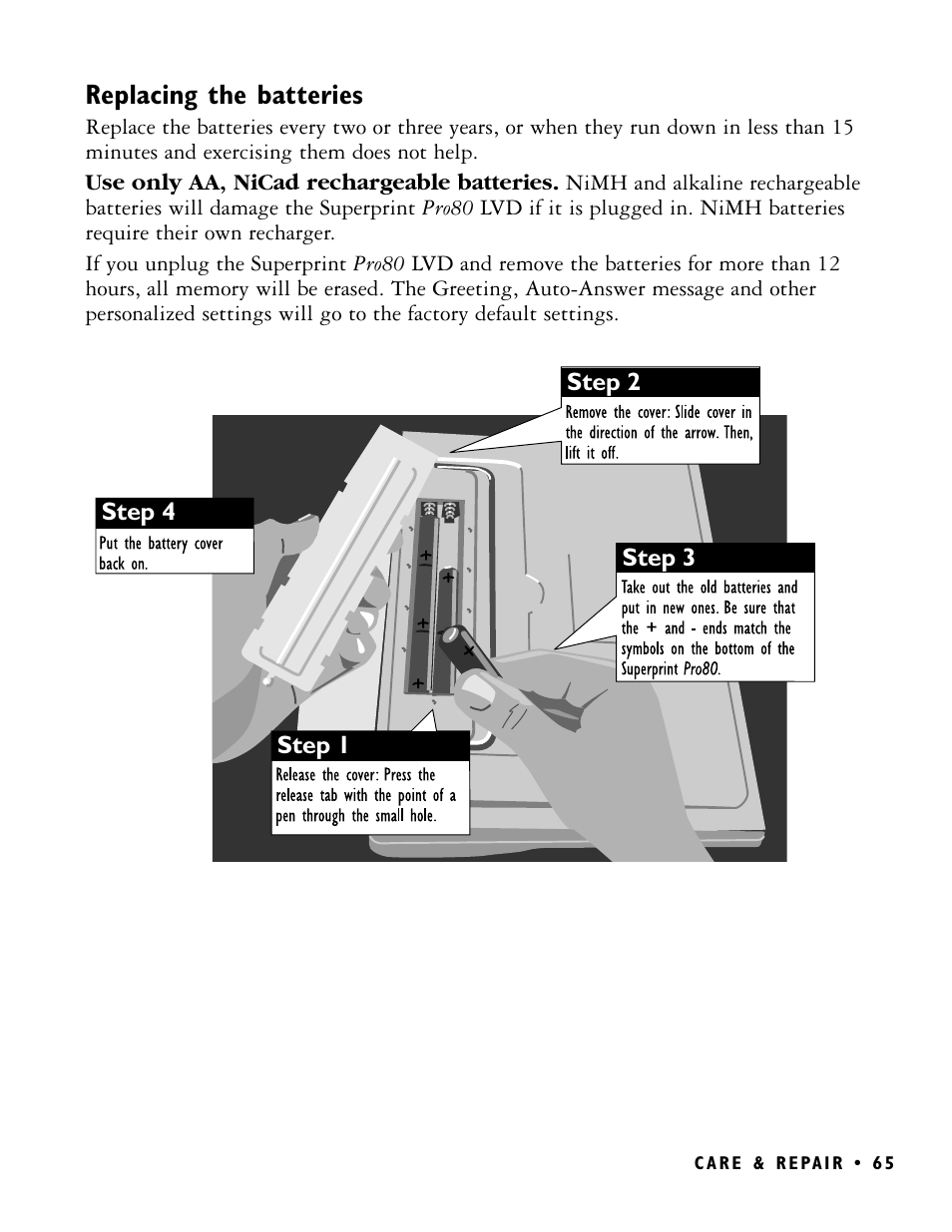 Replacing the batteries | Ultratec PRO80 User Manual | Page 71 / 82