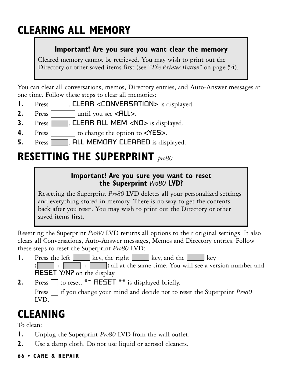 Resetting the superprint, Cleaning | Ultratec PRO80 User Manual | Page 72 / 82