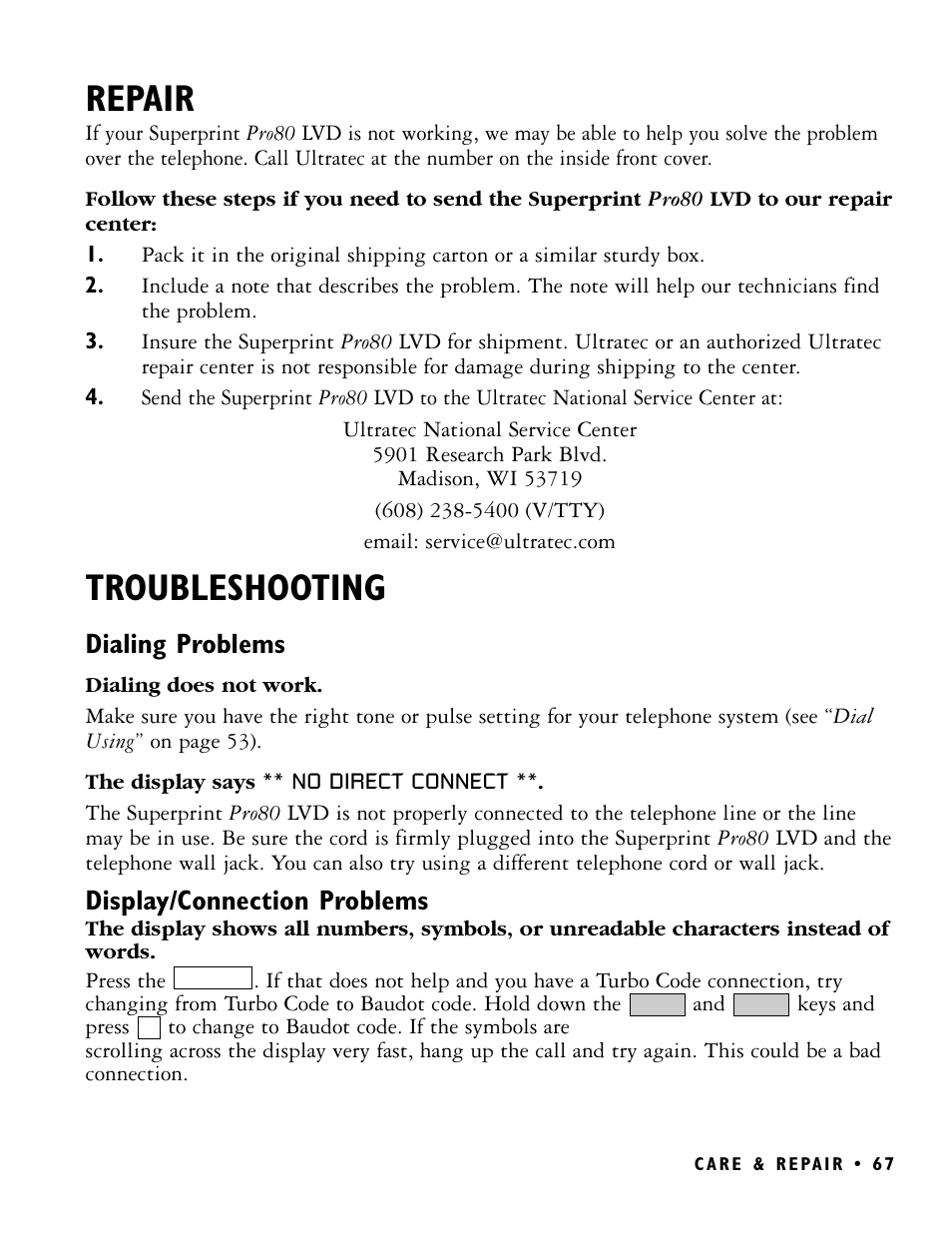 Repair, Troubleshooting, Dialing problems | Display/connection problems | Ultratec PRO80 User Manual | Page 73 / 82
