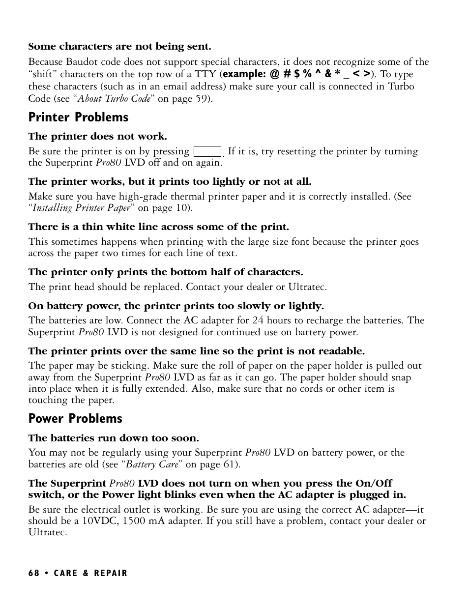 Printer problems, Power problems | Ultratec PRO80 User Manual | Page 74 / 82
