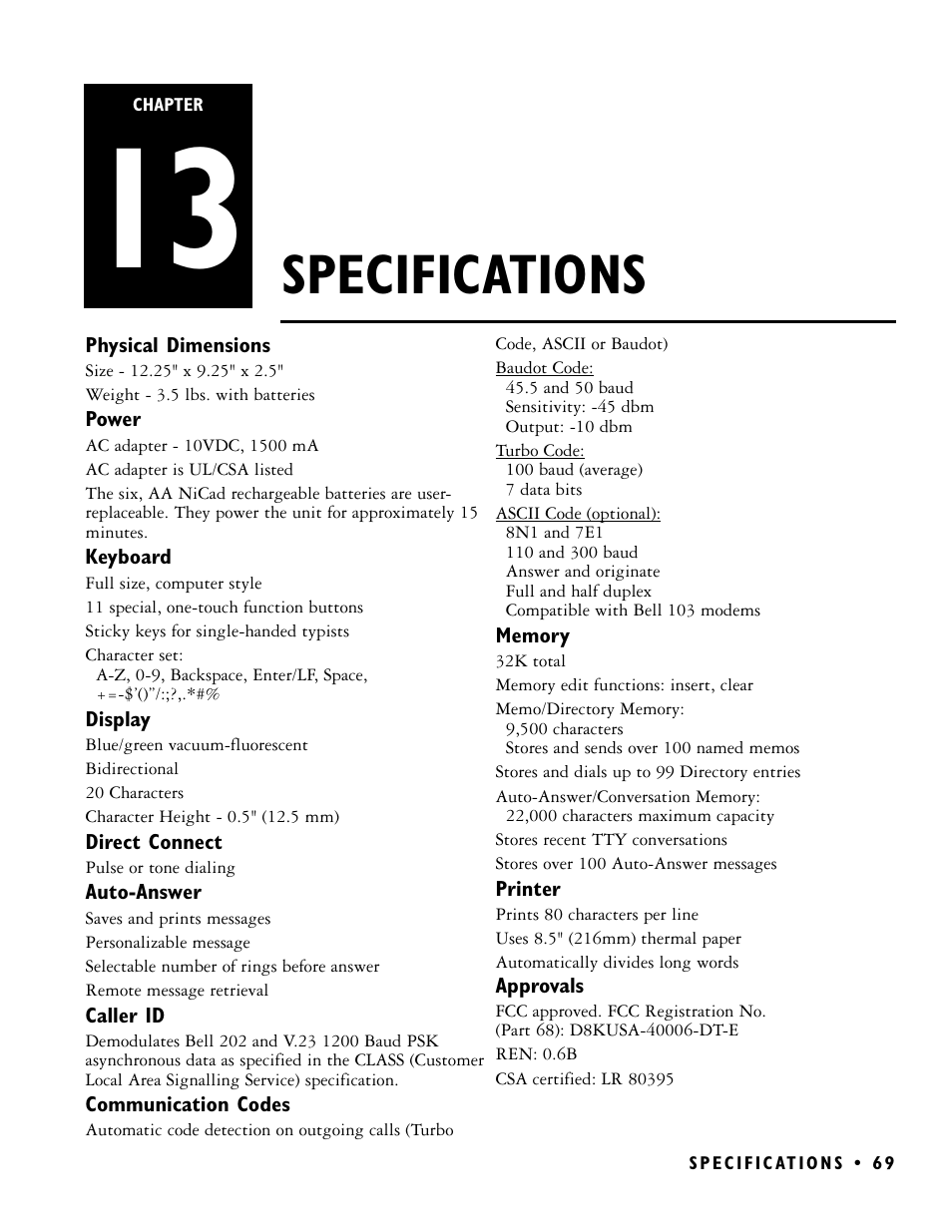 Specifications | Ultratec PRO80 User Manual | Page 75 / 82