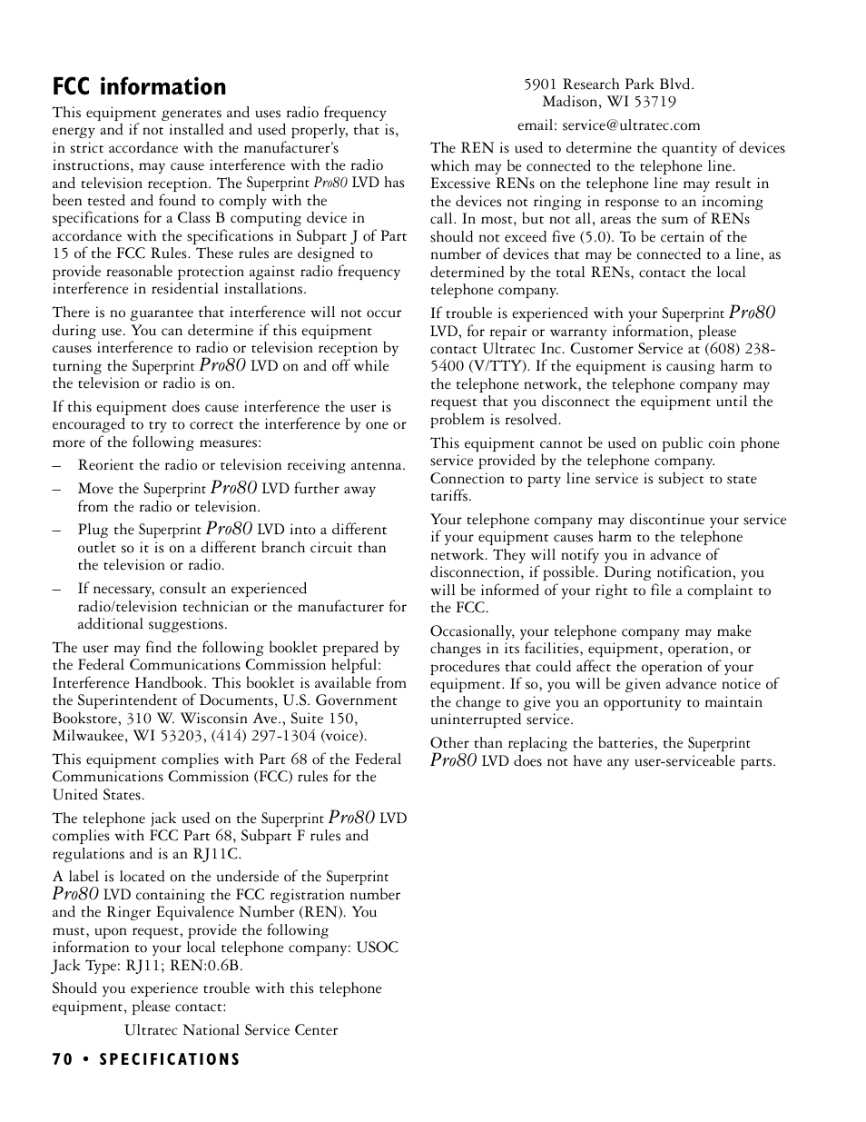 Fcc information, Pro80 | Ultratec PRO80 User Manual | Page 76 / 82