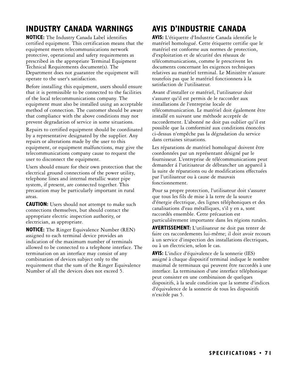 Industry canada warnings, Avis d'industrie canada | Ultratec PRO80 User Manual | Page 77 / 82