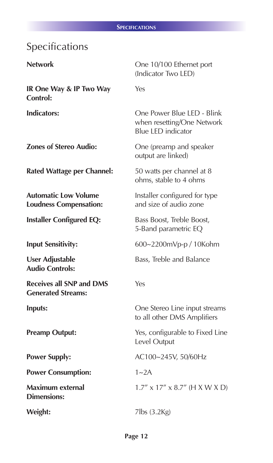 Specifications | Staub Electronics DMS-100 URC - SINGLE ZONE AMPLIFIER User Manual | Page 14 / 20