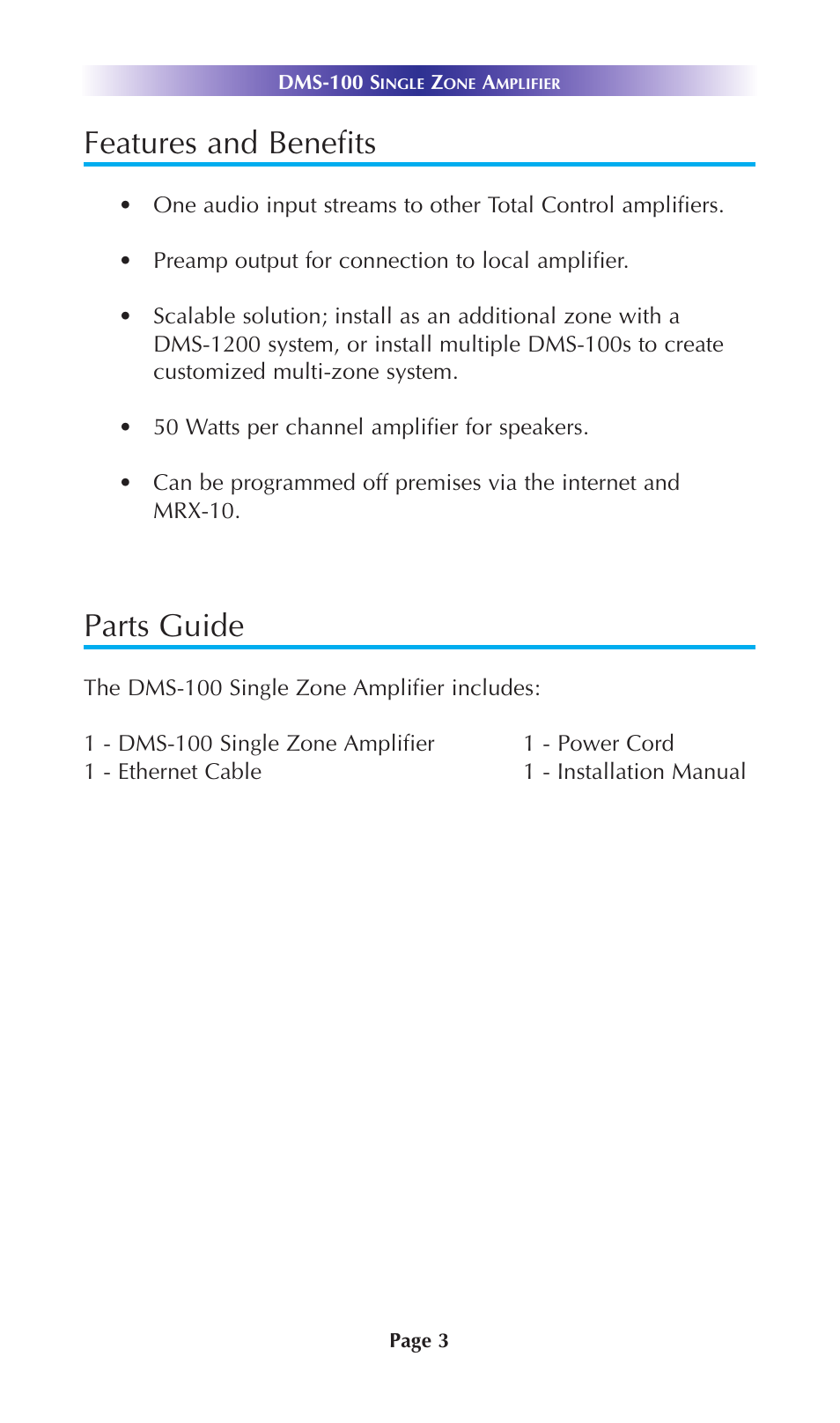 Features and benefits, Parts guide | Staub Electronics DMS-100 URC - SINGLE ZONE AMPLIFIER User Manual | Page 5 / 20