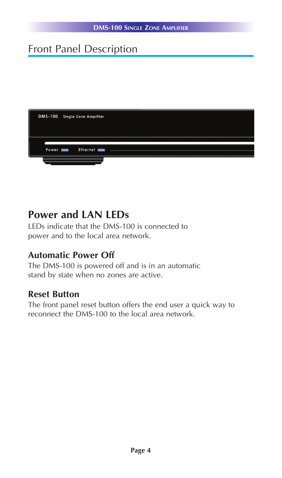 Front panel description power and lan leds, Automatic power off, Reset button | Staub Electronics DMS-100 URC - SINGLE ZONE AMPLIFIER User Manual | Page 6 / 20