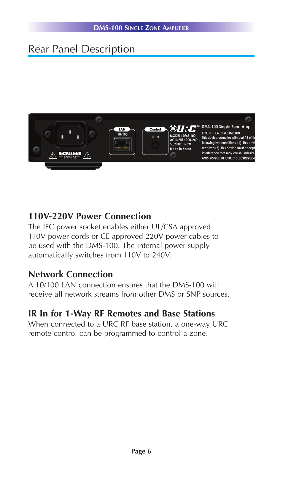 Rear panel description, Network connection, Ir in for 1-way rf remotes and base stations | Staub Electronics DMS-100 URC - SINGLE ZONE AMPLIFIER User Manual | Page 8 / 20