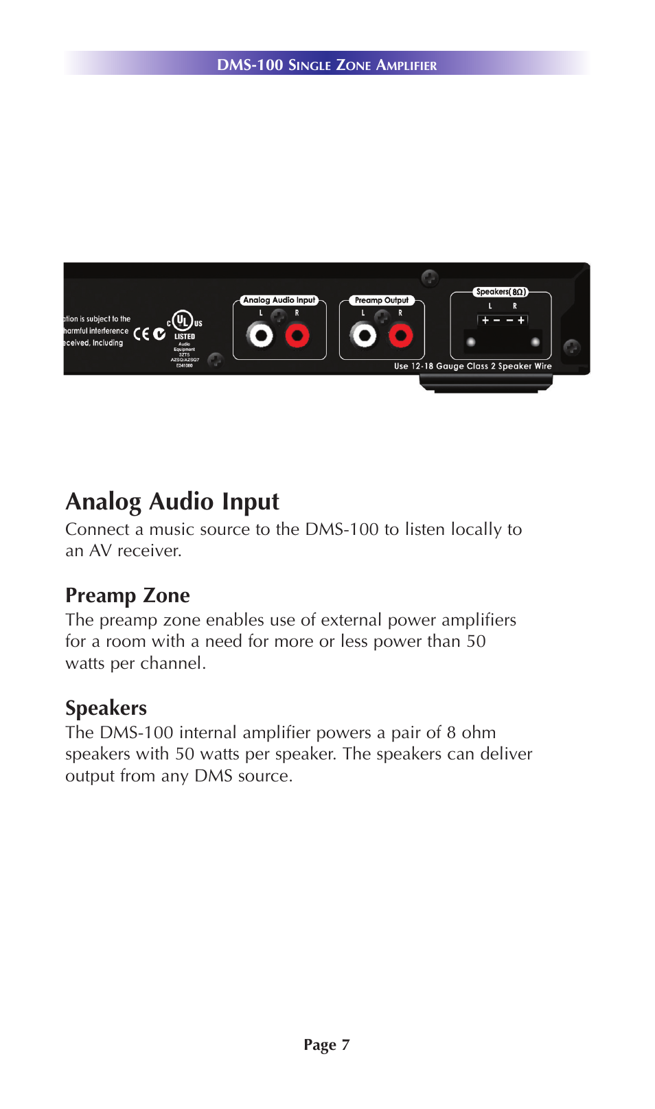 System features analog audio input, Preamp zone, Speakers | Staub Electronics DMS-100 URC - SINGLE ZONE AMPLIFIER User Manual | Page 9 / 20