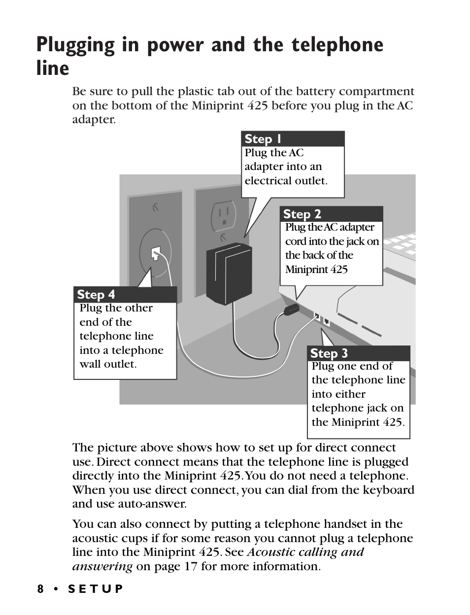 Plugging in power and the telephone line | Ultratec Miniprint 425 User Manual | Page 10 / 44