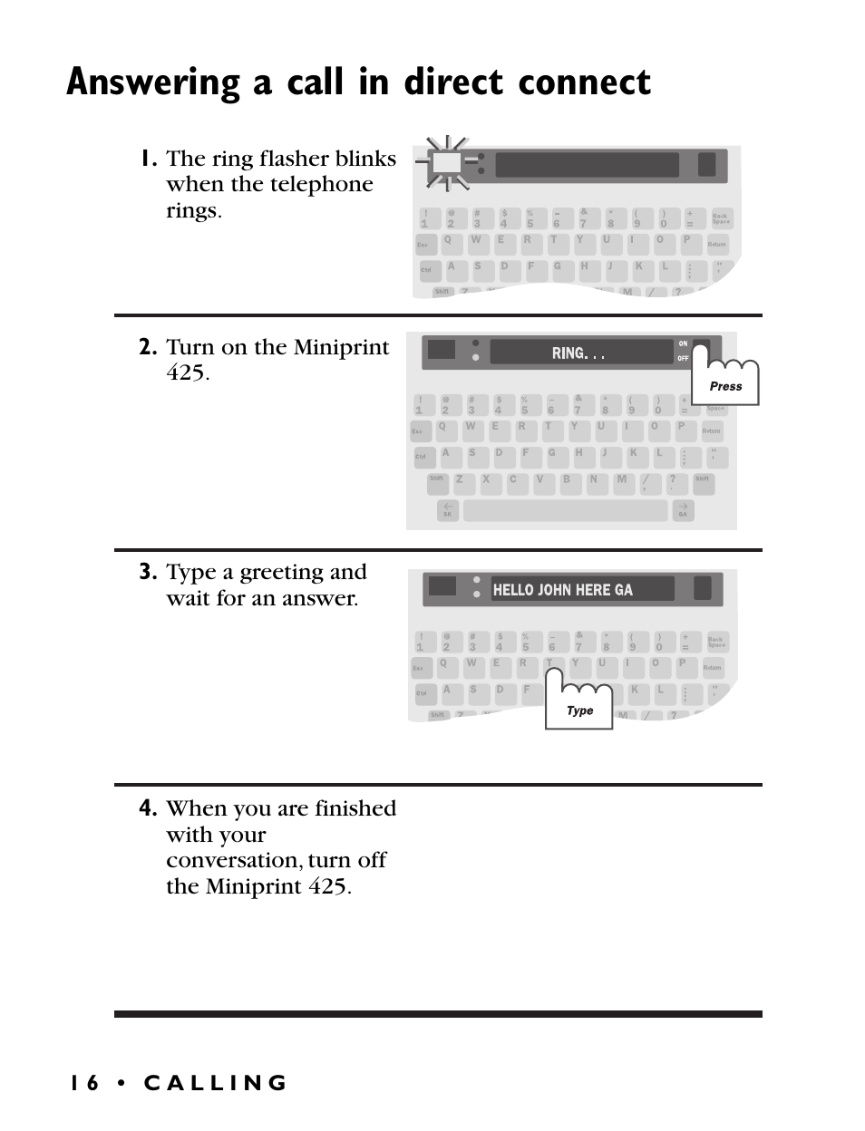 Answering a call in direct connect | Ultratec Miniprint 425 User Manual | Page 18 / 44