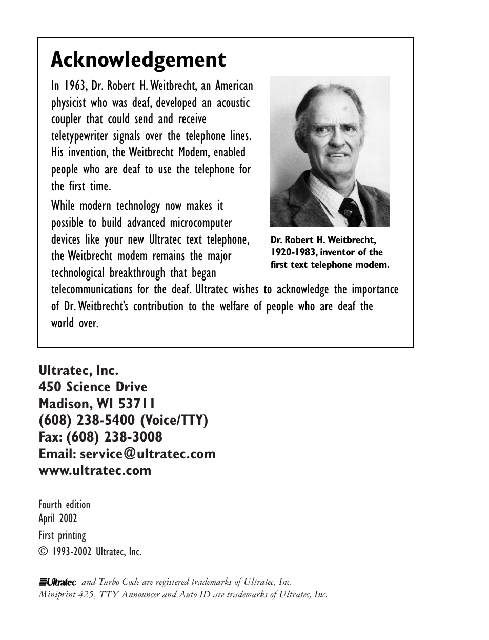 Acknowledgement | Ultratec Miniprint 425 User Manual | Page 2 / 44