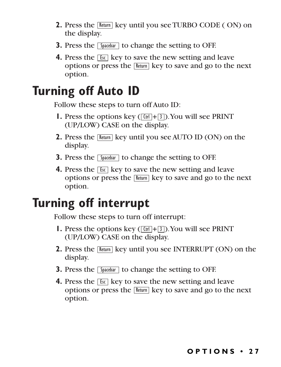Turning off auto id, Turning off interrupt | Ultratec Miniprint 425 User Manual | Page 29 / 44