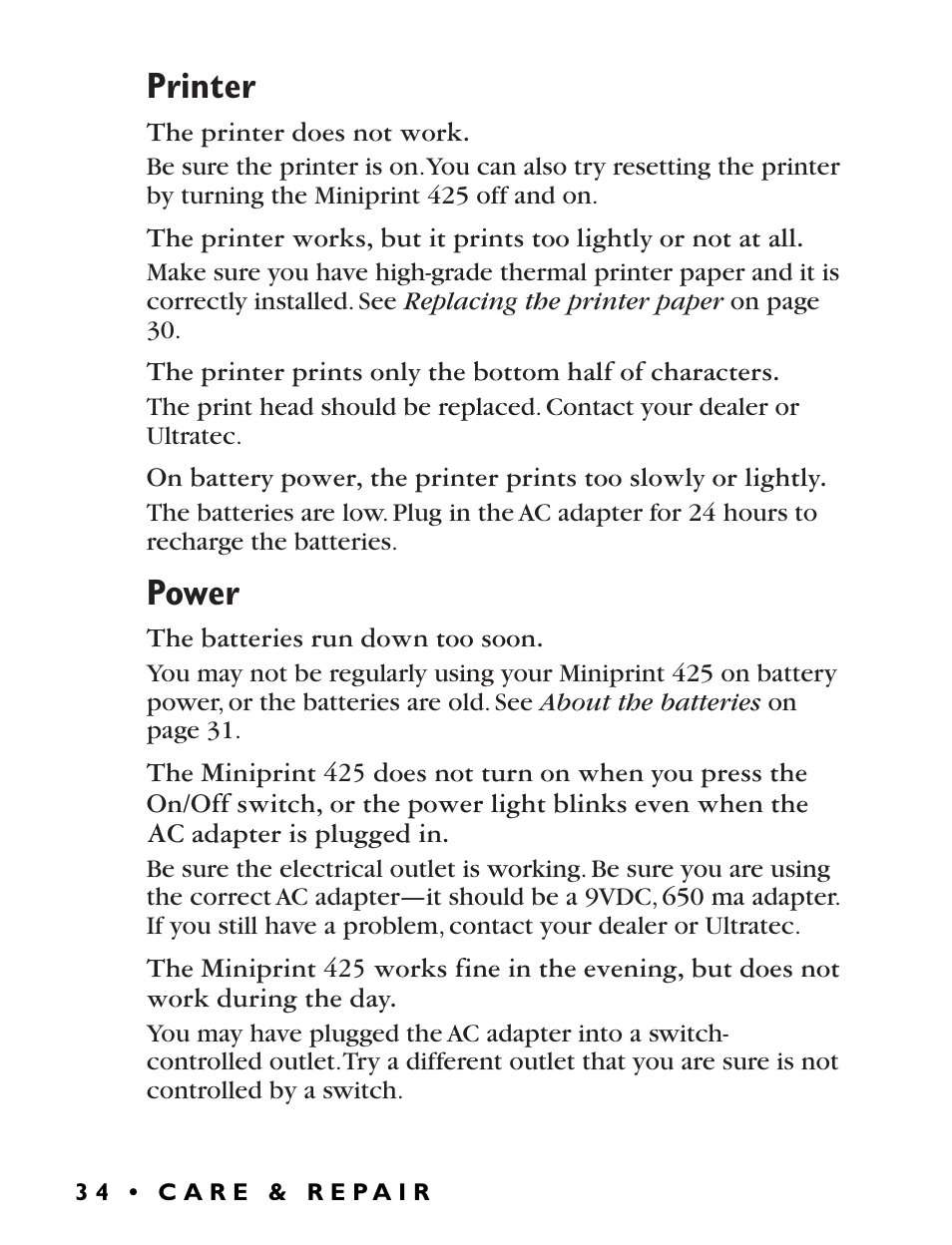 Printer, Power | Ultratec Miniprint 425 User Manual | Page 36 / 44