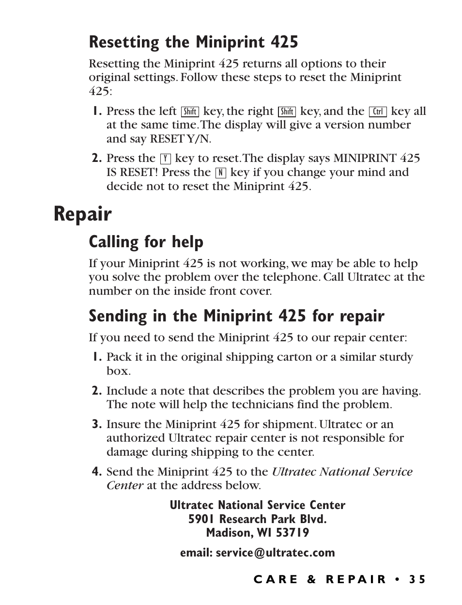 Repair, Resetting the miniprint 425, Calling for help | Sending in the miniprint 425 for repair | Ultratec Miniprint 425 User Manual | Page 37 / 44