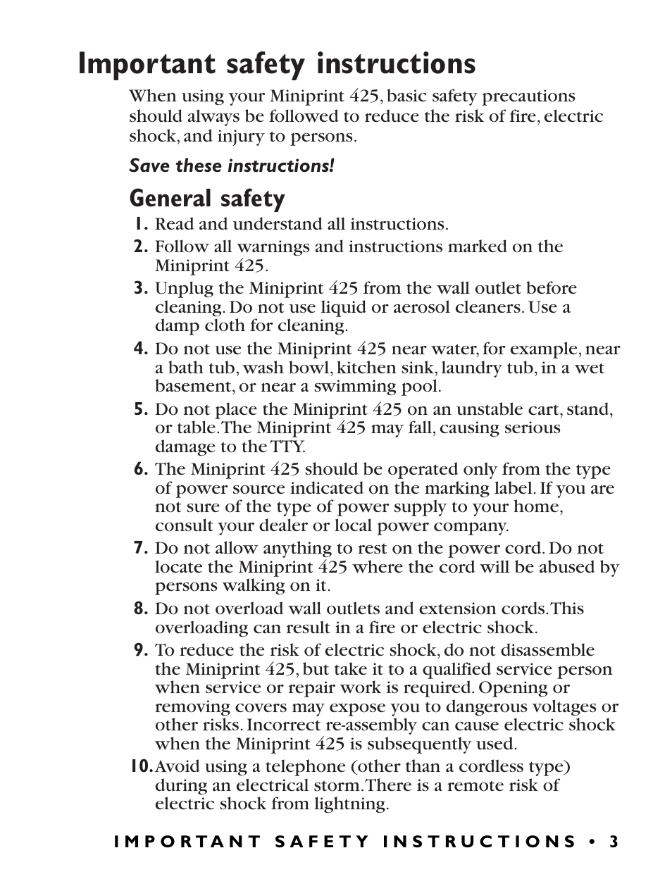 Important safety instructions, General safety | Ultratec Miniprint 425 User Manual | Page 5 / 44