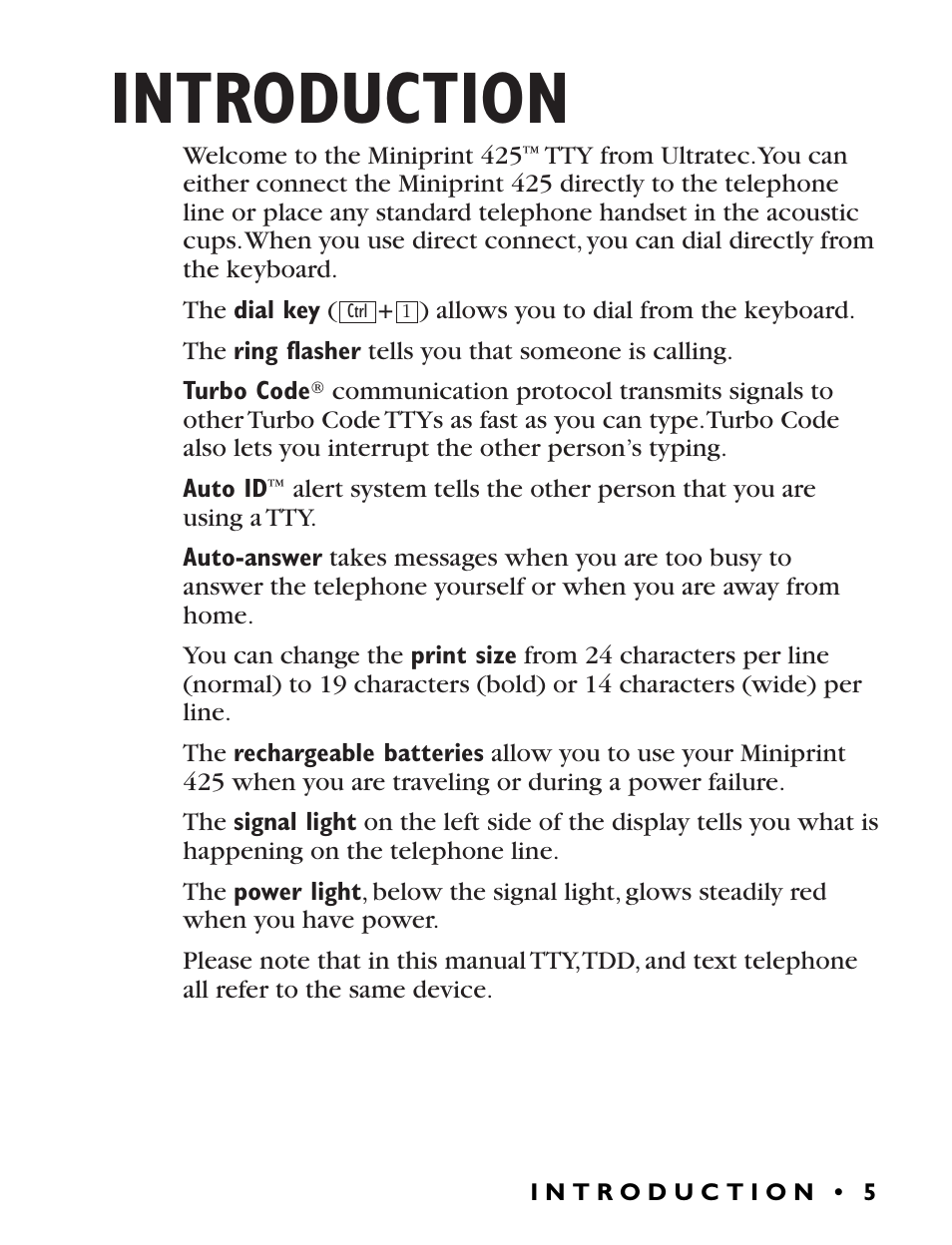 Introduction | Ultratec Miniprint 425 User Manual | Page 7 / 44