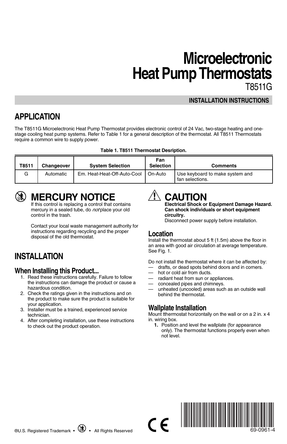 Honeywell T8511G User Manual | 12 pages